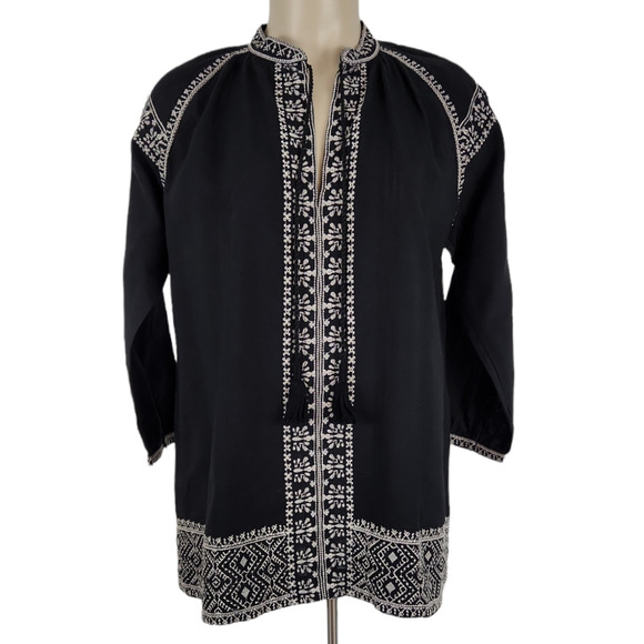 Madewell Camelia Boho Tunic Top XS Black White Cotton Embroidered Tassels V-Neck - Picture 2 of 8